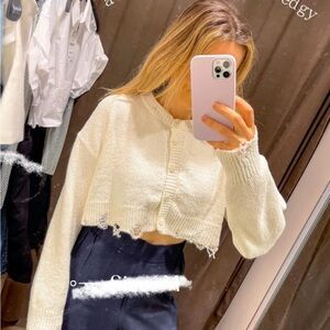 Zara Cream Cropped Distressed Cardigan, Size L, Preloved